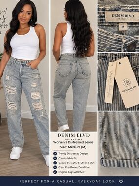 DENIM BLVD Gray Distressed Boyfriend Jeans — Medium